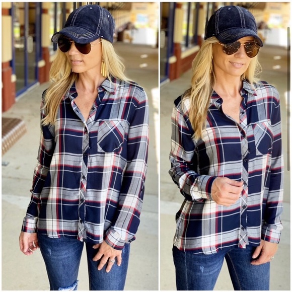 Infinity Raine Tops - Navy Plaid Button up Shirt